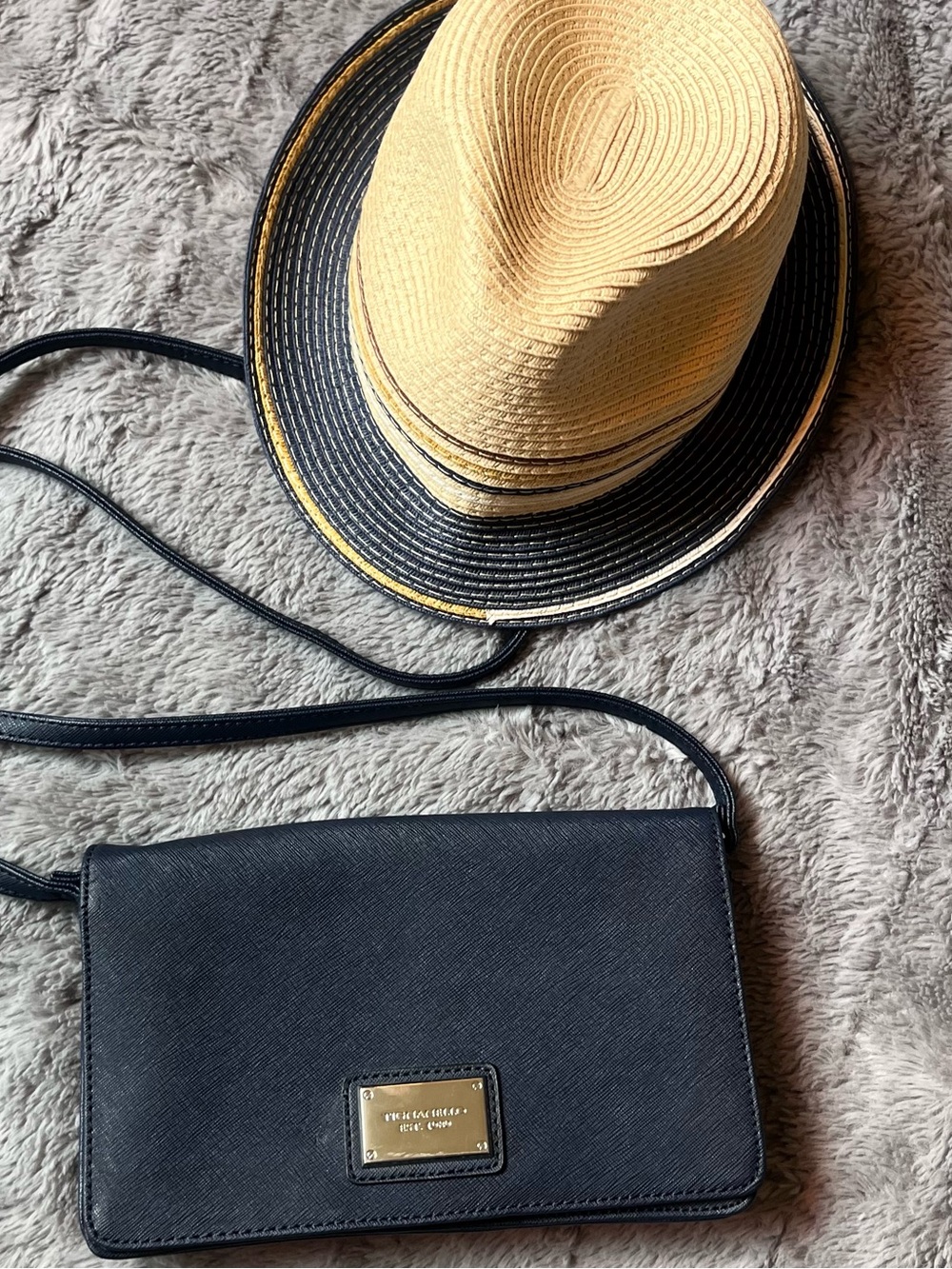Tignanello Navy Blue Crossbody with Gold Logo Plaque